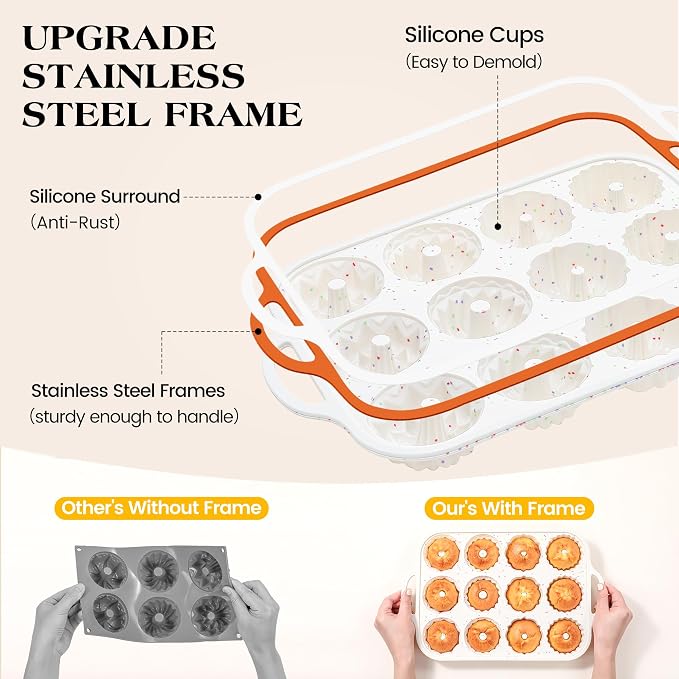 1 Pc Silicone Mini Fluted Tube Cake Pans with Metal Frame, 6-Cavity Non-Stick Moldes De Silicona Para Gelatina, Mini Flan Molds for Cupcake, Donuts, Muffin, Cornbread, Brownie, Jellies (Cream)
