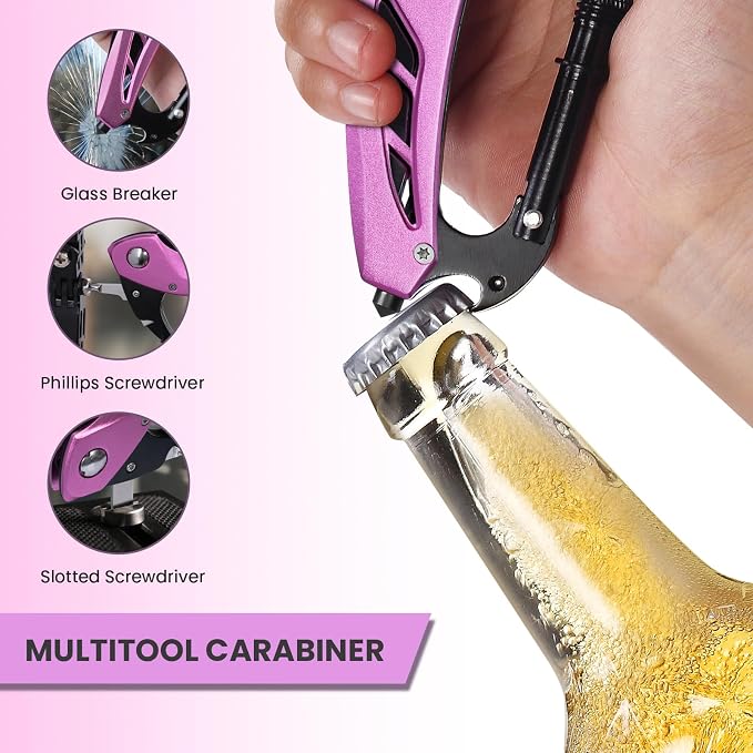 FUNBRO Pink Multitool Carabiner, Bottle Opener and Screwdriver | Stocking Stuffers Gifts for Mom Women Wife, 6-in-1 Keychain Multi Tools with Window Breaker