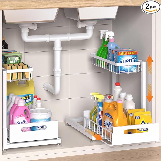 Saydear 2-Pack L-Shaped Under Sink Organizer, 2-Tier Pull-Out Cabinet Rack | White Height-Adjustable Steel Rack, Sliding Grid Drawers with PP Liners, Holds 100 Lbs, Suction Base, Ideal Kitchen Storage