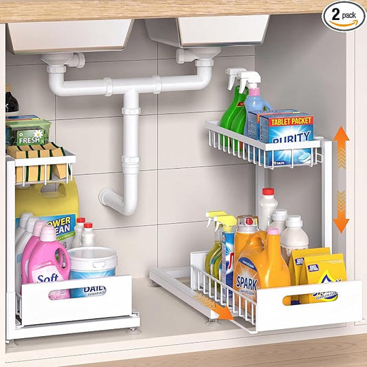 Saydear 2-Pack L-Shaped Under Sink Organizer, 2-Tier Pull-Out Cabinet Rack | White Height-Adjustable Steel Rack, Sliding Grid Drawers with PP Liners, Holds 100 Lbs, Suction Base, Ideal Kitchen Storage