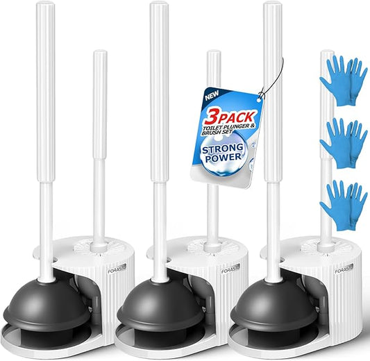 FORASTO 2IN1 Toilet Brush and Plunger Set, 3Pack Long Handle Combo in White | Bathroom essentials for apartment, bathroom decor, home essentials, cleaning supplies, compact floor storage for rentals