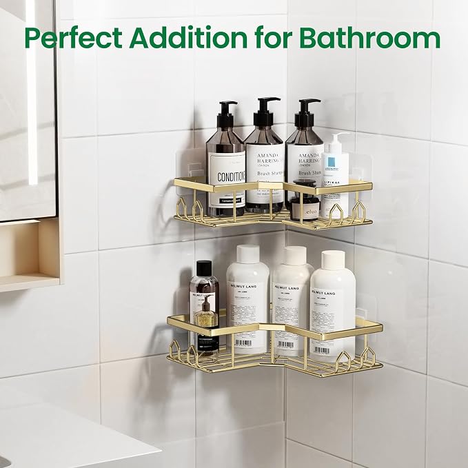 Adhesive Shower Caddy, 4 Pack Corner Bath Organizer, Rustproof Stainless Steel Shower Shelves with Large Capacity, No Drilling Shelves for Bathroom Storage, Home, Kitchen Décor(Gold)