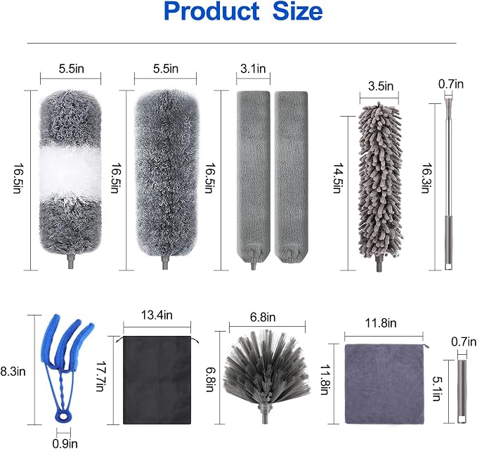 Microfiber Duster Kit (11PCS) - Washable Dusters with Extension Pole (30 to 100 in) for Cleaning Ceilings, Fans, Furniture