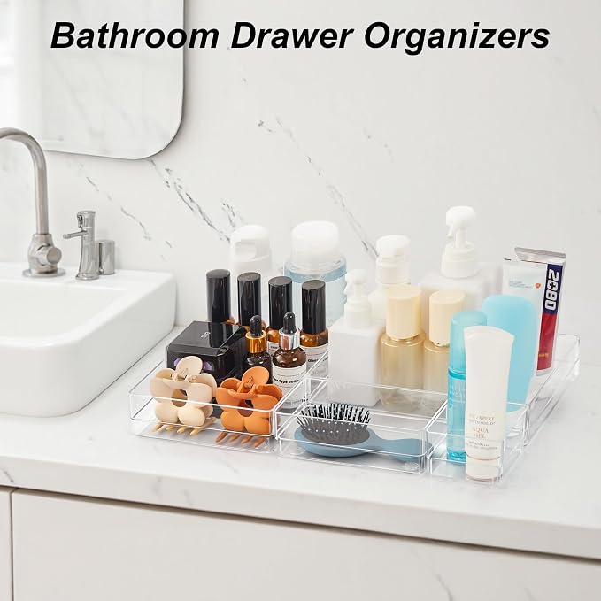 SMARTAKE 25 PCS Drawer Organizer, 4-Size Desk Drawer Organizer Trays | Storage Tray with Non-Slip Silicone Pads for Makeup, Jewelries, Utensils in Bedroom Dresser, Office and Kitchen (Clear)