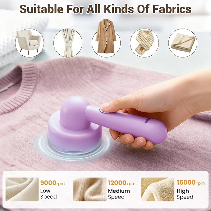 DBC Fabric Shaver & Lint Remover for Clothes, Sweaters & Furniture | 6-Leaf Blade, 3 Speeds, 2H Runtime, Portable Design Perfect for Travel, Includes 2 Extra Blades, Purple