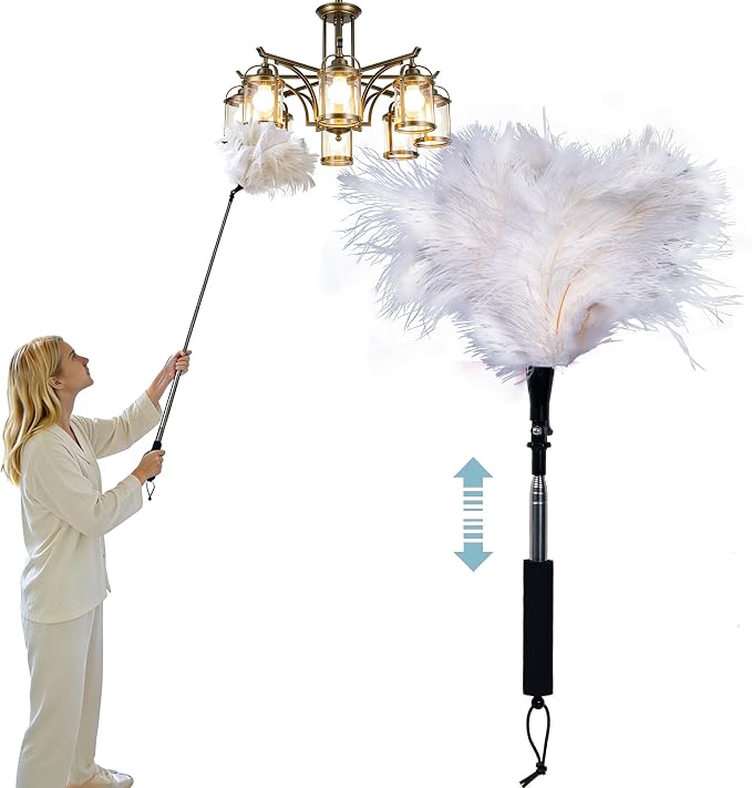 Extendable Feather Duster 22–47 Inch, Long Handle Ceiling Fan Duster for High Ceilings, Cobweb Duster, Natural Ostrich Feather Cleaner for Furniture & Blinds(White)