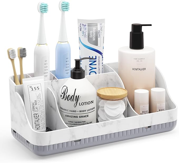 Bathroom Counter Organizer and Storage with 2 Pack Qtip Holder Dispenser, 7 Slots Detachable Toothbrush Holders for Bathrooms, Anti-Slip Electric Toothbrush and Toothpaste Holder Countertop