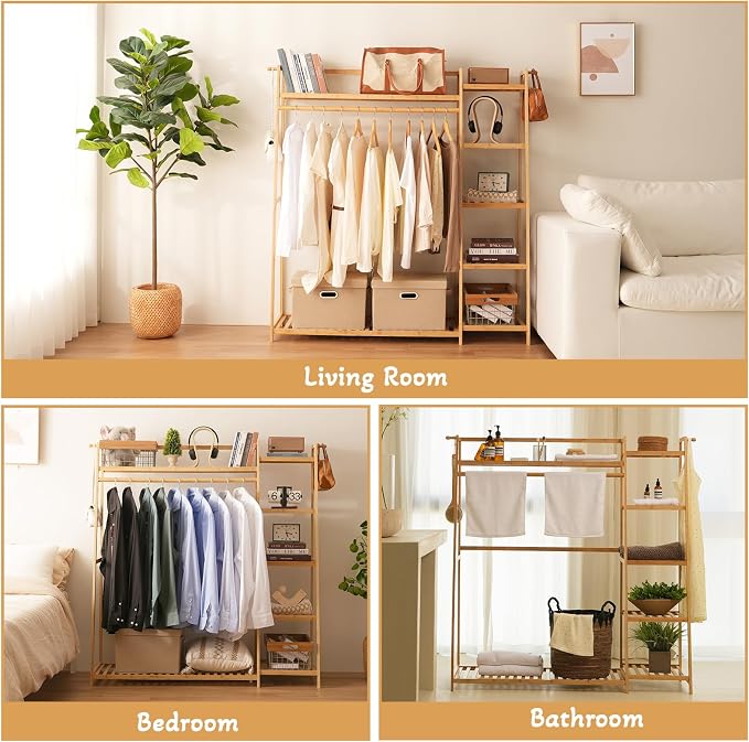 Baveke Bamboo Clothing Garment Rack Frame Made of FSC-Certified Bamboo, 7 Tier Storage Shelf Coat Clothes Hanging Rack, Portable Wardrobe Closet Organizer, Shoe Storage Shelves for Bedroom, Natural