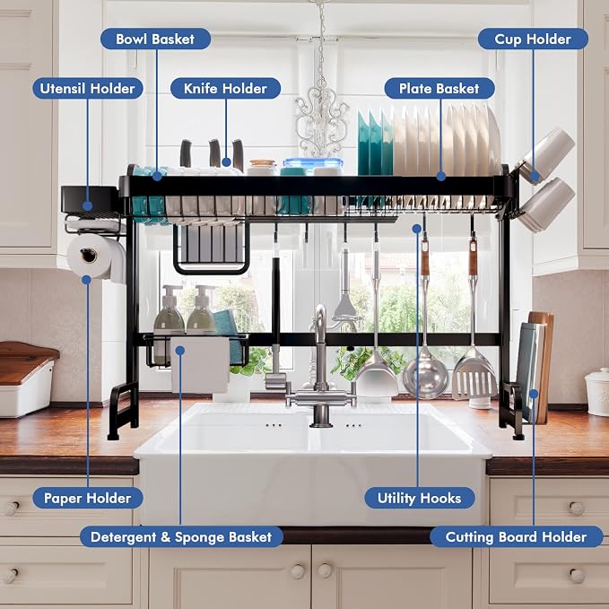 LIVOD Over Sink Dish Drainer Drying Rack, 2 Tier Full Stainless Steel Storage Adjustable Length Kitchen Rack, Multifunctional Expandable Counter Organizer, Space Saver Dish Rack