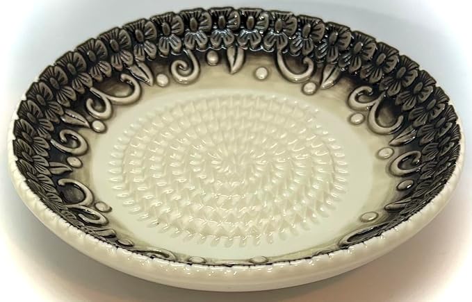 BonCera, All-in-one Premium Ceramic Garlic Grater Plate 4-Piece Set - Black Embossed Design and Style - For Garlic, Ginger, Chocolate, and more! - Comes with 5.25" Plate, Peeler, Brush, and Stand