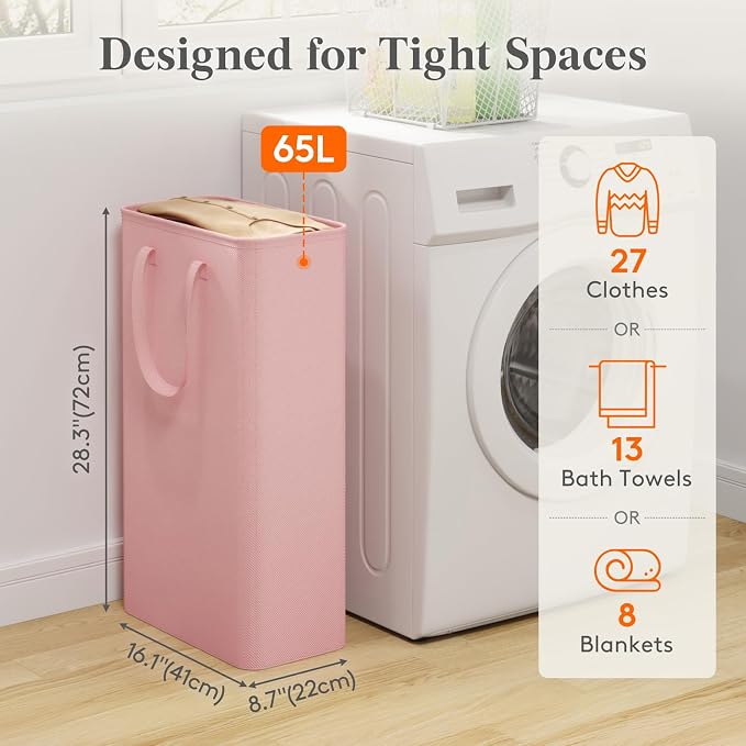 Lifewit 65L Narrow Laundry Basket Tall for Dirty Clothes, Slim Collapsible Laundry Hamper with Handles, Laundry Bag Bin for Bedroom Dorm Laundry Room, Pink