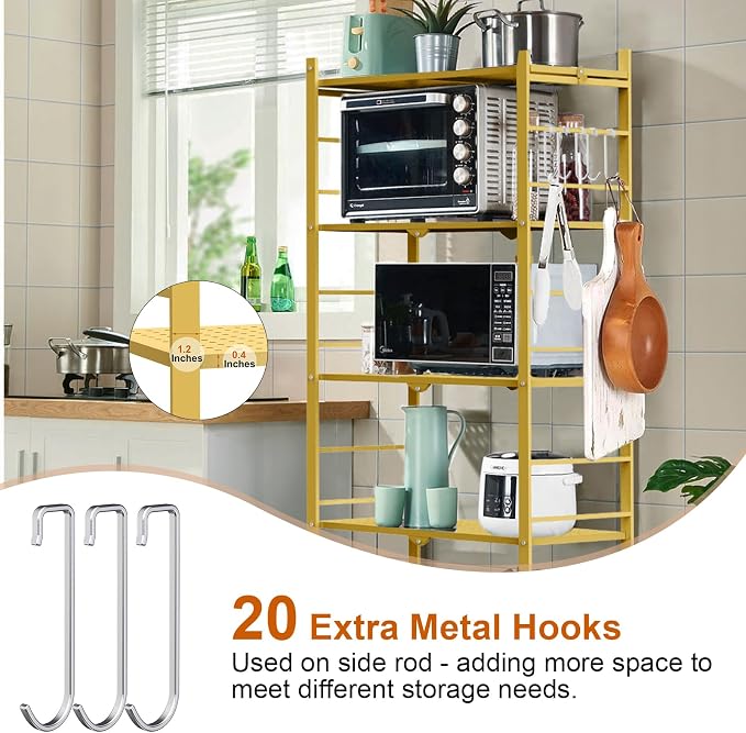 Himix Storage Shelves with 20 Hooks, 5-Tier Foldable Shelves for Storage, Folding Shelf Unit Pantry Shelves with Wheels, Standing Shelving Unit for Kitchen Garage Home Office Room Greenhouse, Gold
