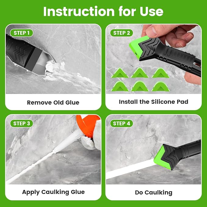 Goopreen 5 in 1 Caulking Tool Silicone Caulking Grout Removal Sealant Finishing Tool with Stainless Steel Head, 6 Replaceable Pads, Gap Seam Repair Kit for Kitchen Bathroom Sink Toilet Caulking