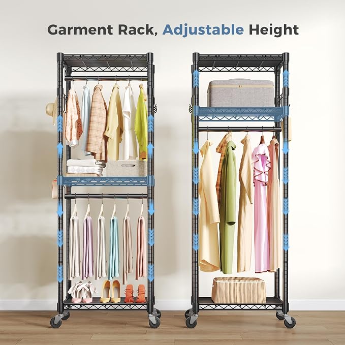 OLIXIS Rolling Clothes Rack, Heavy Duty Garment Rack, 23 IN, Metal Black | Adjustable Closet Organizer for Hanging Clothes, Portable Closet with 2 Side Hooks