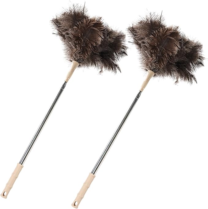 Extendable Ostrich Feather Duster 27-94 Inch, Natural Cleaning Duster Extension Pole Reusable for High Ceilings, Fans, Blinds, Furniture, Interior & Roof Dusting(Two Pack)