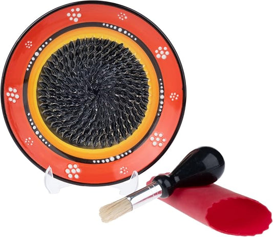 Ceramic Grater Plate Set – Handmade 4-Piece Press & Natural Grinder for Garlic, Ginger, Cheese & Spices – Decorative Hand Dish (Black/Orange)