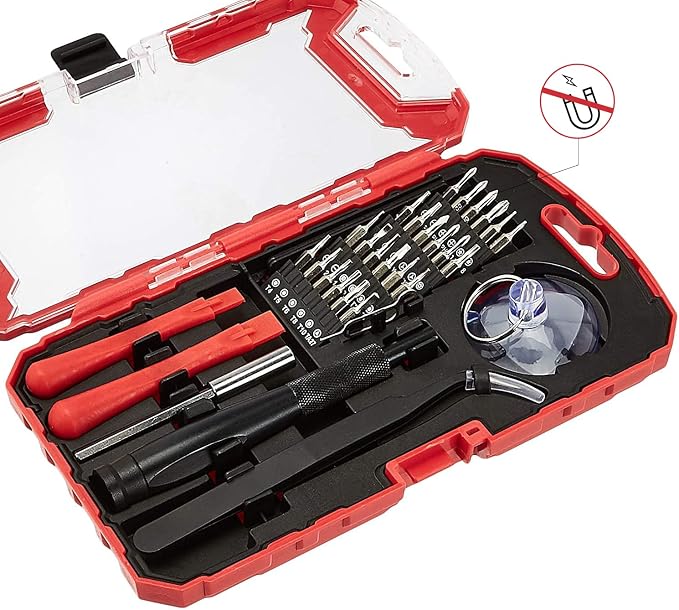 Amazon Basics Precision Screwdriver Set, 32-Piece Electronics Repair Tool Kit for Laptops, Smartphones, Eyeglasses, Watches, Magnetic Tip, Red