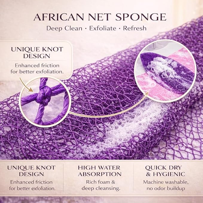 African Net Sponge Authentic Exfoliating Washcloth Body Back Scrubber 3 Pcs | 46 Inch Shower Loofah Exfoliating Bath Sponge for Women and Men Daily Use Body Care Travel Portable Accessories Spa Gifts