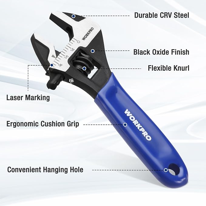 WORKPRO 4-Inch Mini Adjustable Wrench, Wide Jaw Cr-V steel Wrench | Black Oxide Finish, Metric & SAE Scales, Compact Size for Small Nuts, Home Projects, Workshop and DIY Tasks.
