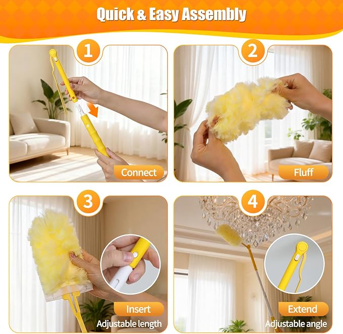 30 Count 360° Heavy Duty Duster Refills, Compatible with Swiffer Duster, Includes 1 Short Handle & 1 3 ft Extendable Handle, 4X Microfiber Cleaning Dusters, Disposable Unscented