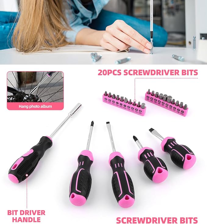 DOWELL 123-Piece Pink Home Repair Tool Kit for Women & Girls | All-in-One DIY Toolkit with Ergonomic Handles, Durable Toolbox, Non-Slip Grips | Perfect Gift for- Wives| Moms, Crafters