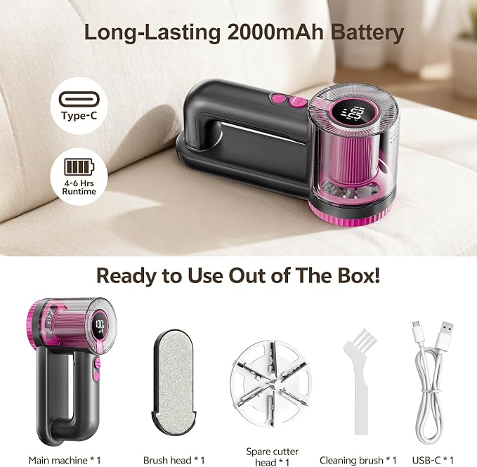 Rechargeable Fabric Shaver, 2-in-1 Lint Remover with 6-Blade | For sweaters, blankets, coats and cloth upholstery, with 200ml container, LED display, USB-C charging and 3 speeds