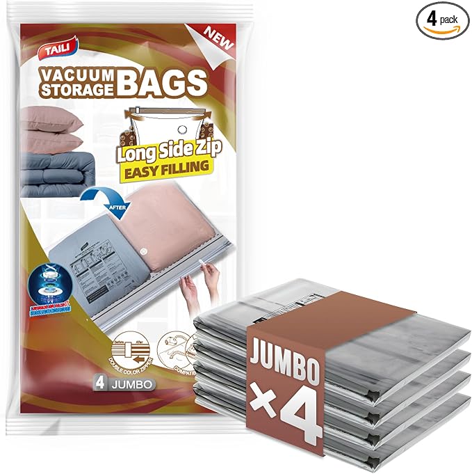 TAILI 4 Pack Jumbo Vacuum Storage Bags, 39x28 inch, LONG SIDE ZIP Vacuum Seal Bags for Clothing, Space Saver for Beddings, Comforters, Blankets, Pillows
