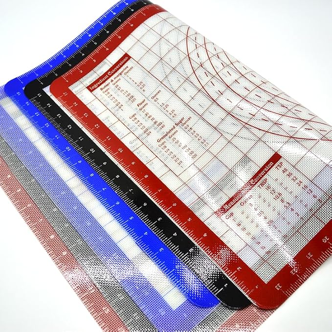 4 Pack Full Size 24.5"x16.4" Silicone Baking Mat with Measurements for Oven Baking 450F (Red), Non-Stick Food Safe Dough Pie Fondant Oven Liner, Extra Thick 0.7MM 24GA