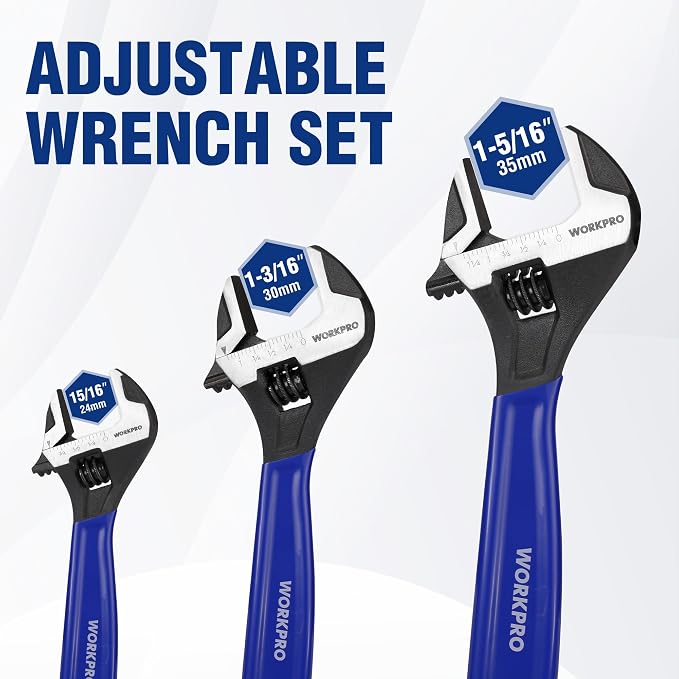 WORKPRO 3 PCS Adjustable Wrench Set, 6", 8" & 10" Wide Jaw Wrenches | Cr-V Steel Wrenches with Black Oxide Finish, Metric & SAE Scales for Home, Garage and Workshop Use