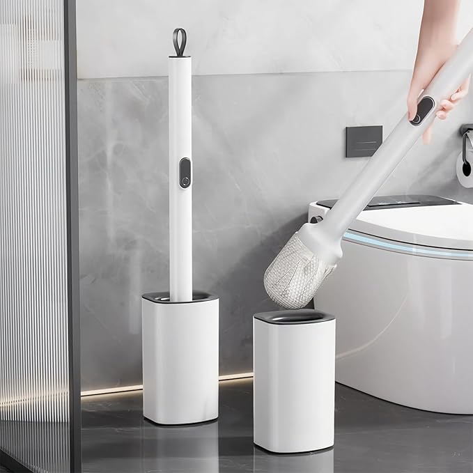 Extendable Toilet Brush & Holder Set, Disposable Toilet Brush – Silicone Head, Hands-Free Wet Wipe Attachment, Easy & Mess-Free Cleaning (White)