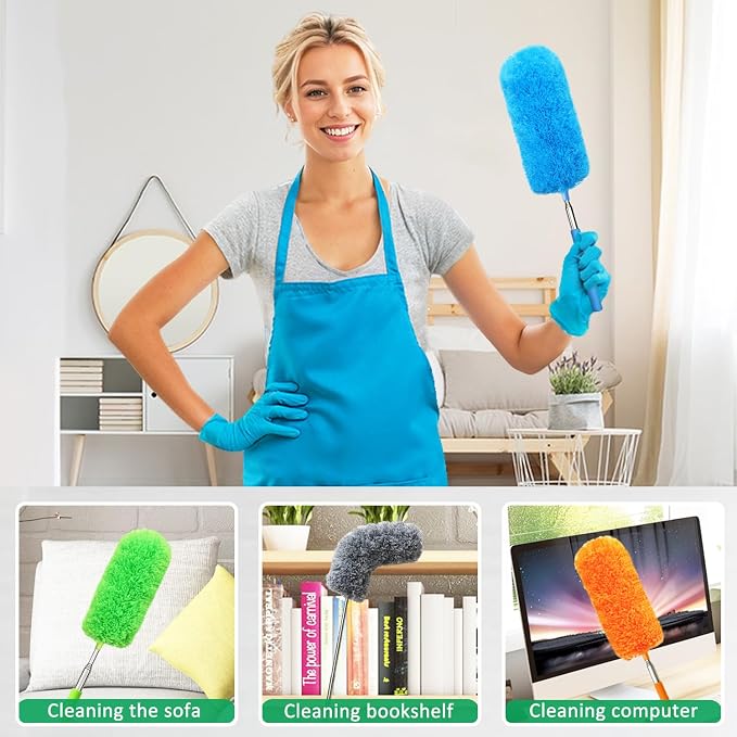 4 Pack Small Microfiber Feather Duster, with 13" to 30" Extendable Pole, Microfiber Head, Cleaning Tool for Cleaning Office, Car, Computer, Furniture, Sofa (Orange/Blue/Green/Gray)