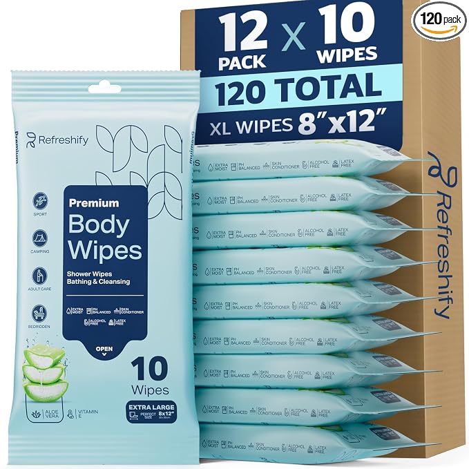 120 XL Shower Wipes – Body Wipes for Adults Bathing No Rinse – 12 Packs of 10 – Extra Moist Bath with Aloe & Vitamin E for Camping, Travel, Gym & Bedridden Care