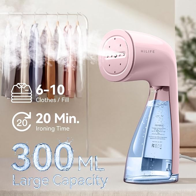 HiLIFE Steamer for Clothes, Portable Handheld Design, 240ml Big Capacity, 700W, Strong Penetrating Steam, Removes Wrinkle, for Home, Office and Travel(ONLY FOR 120V) (Pink)