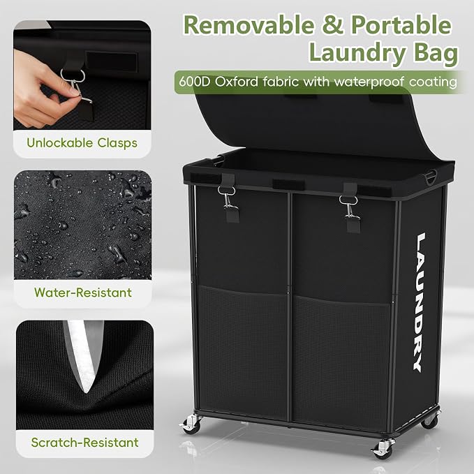 Laundry Hamper with Wheels and Lid, 225L Large Rolling Laundry Basket Black | Heavy Duty Clothes Organizer, Sturdy Metal Frame, Lockable Swivel Casters, Removable Bag, For Bedroom, Bathroom, Laundry Room
