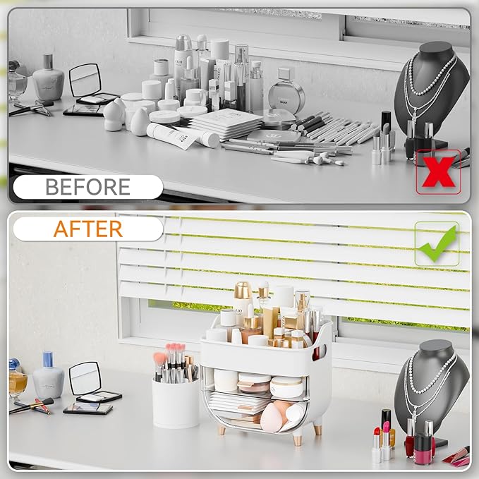 Yieach Countertop Makeup Organizers with Drawers and Handle,Large Cosmetic Organizer for Bathroom Vanity and Dressing,White Cosmetic Display Cases for Hair Tool,Beauty Products,Skin Care Organizer