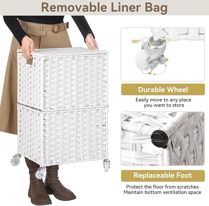 Chrislley Wicker Laundry Basket with Wheels,Rolling Laundry Hamper with Lid | 90L Slim Clothes Hamper with Wheels & Removable Liner Bag, Handwoven Rattan Laundry Organizer for Bedroom, Bathroom, White