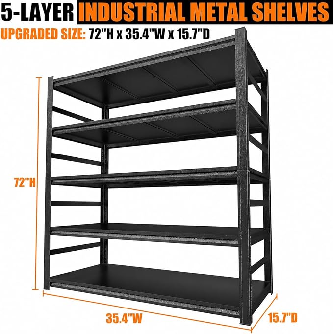 Garage Shelving, Heavy Duty Storage Shelves with Anti-Fall Rails | 2400 LBS metal shelving with Adjustable Industrial Steel Rack for garage, basement, pantry, kitchen and warehouse storage