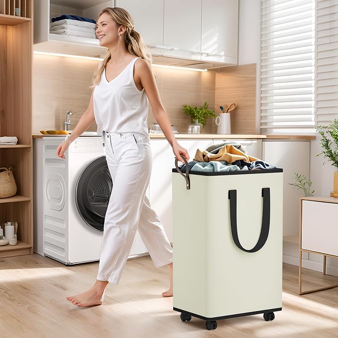 SpaceTrove Rolling Laundry Basket with Wheels, Laundry Hamper, 80L, Cream | Collapsible, 4 detachable wheels including 2 with brakes, sturdy handle, metal frame, for dorms, bathrooms and bedrooms