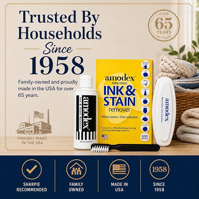 Amodex Ink & Stain Kit with Stain Remover Brushes, Removes Ink, Sharpie, Grease, Food and More, Safe and Effective on Clothes, Leather and Skin, Includes 1 Bottle and 2 Brushes