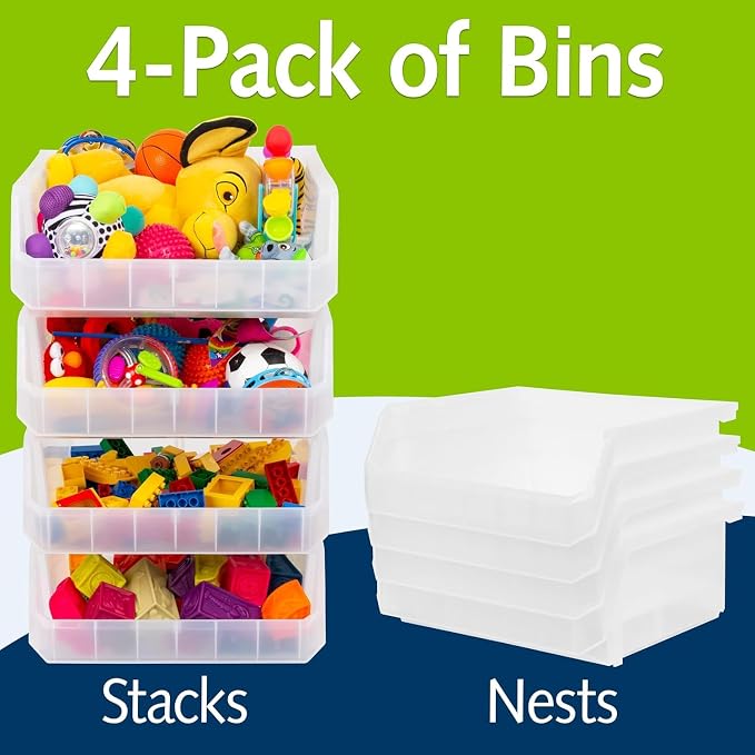 ReadySpace Extra Large Plastic Storage Bins, Stackable Organizer Containers for Closet Pantry Shelf Garage and Office Organization, Clear, 4 Pack | Open-Front Stackable Bins For Garage, Pantry, Closet & Office, 14,8"L X 16,5"W X 7"H, Nests When Empty, ...