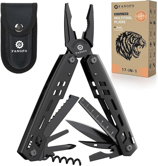 Multitool 17-in-1 Stainless Steel Multi Tool with Pocket Knife Needle Nose Pliers Bottle Opener Screwdriver Self-Locking Professional Multi-Tool for Outdoor Survival Gifts for Men(Black)