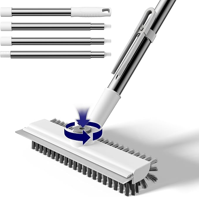 Small Floor Scrub Brush with Length Adjustable Long Handle, 3 in 1 Heavy-Duty Stiff Bristle Scrubber Brush with Squeegee and Tweezer Push Broom for Cleaning Bathroom, Patio, Garage and Kitchen