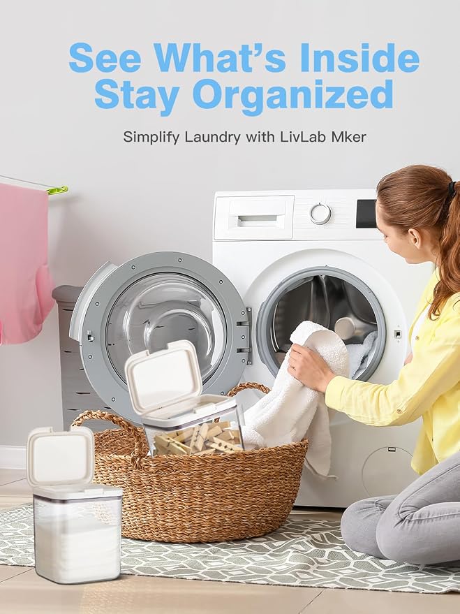 4 Pack Laundry Powder Detergent Container with Lid | PET Clear Pods Dispenser with One-Press Lid and Measuring Cup (Set of 4)