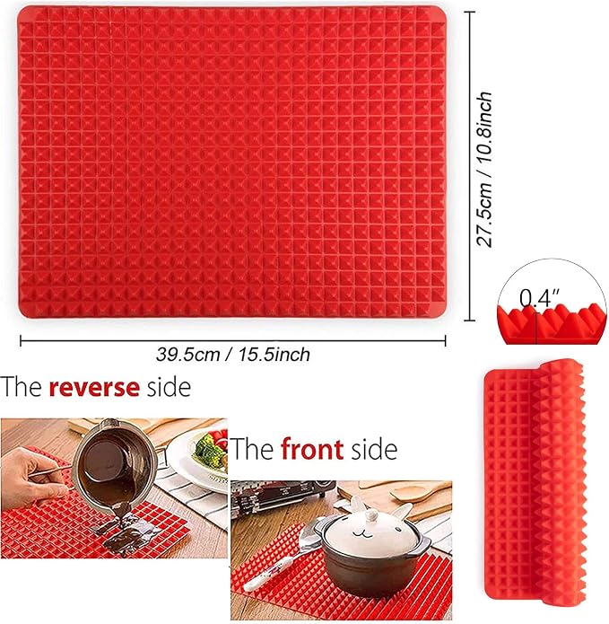 Silicone Baking Mat Pyramid Sheets Cooking Pan 16"x11" 2 Pack-Red，Best Healthy Fat Reducing Nonstick Cooking Mat for Baking Mat with Grid for Oven Grilling BBQ, Baking and Roasting