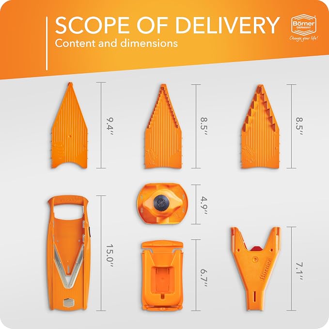Mandoline Food Slicer Börner V5 (Profi Set) by Reston Lloyd • V-Slicer with 4 Inserts, Docking Station & Food Holder • Made in Germany • Fruit & Vegetable Chopper • Multiple Settings • Color: Orange