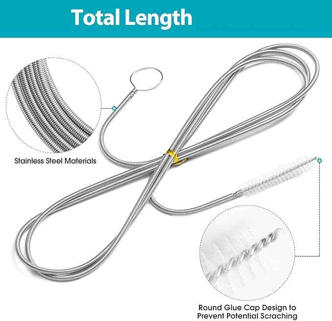 Sunroof Drain Cleaning Tool, 120-Inch 2-Pack AC Drain Line Cleaner Brush | Extra-long tube cleaner brush for sunroof, AC, fridge, ice maker and dishwasher lines; flexible stainless steel 2-pack.