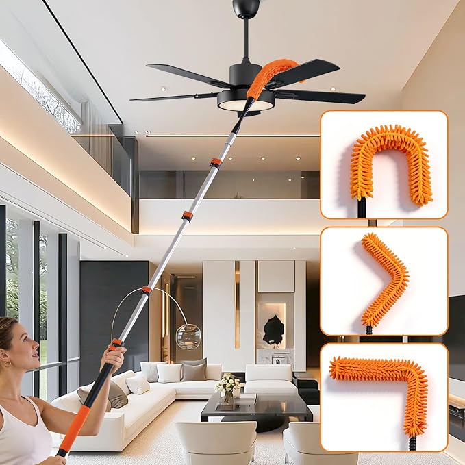 35FT High Reach Duster Kits with 5-29FT Extension Pole, Cobweb Duster with Telescoping Pole, Washable Ceiling Fan Cleaner & Window Squeegee for Glass Surfaces & High Roof
