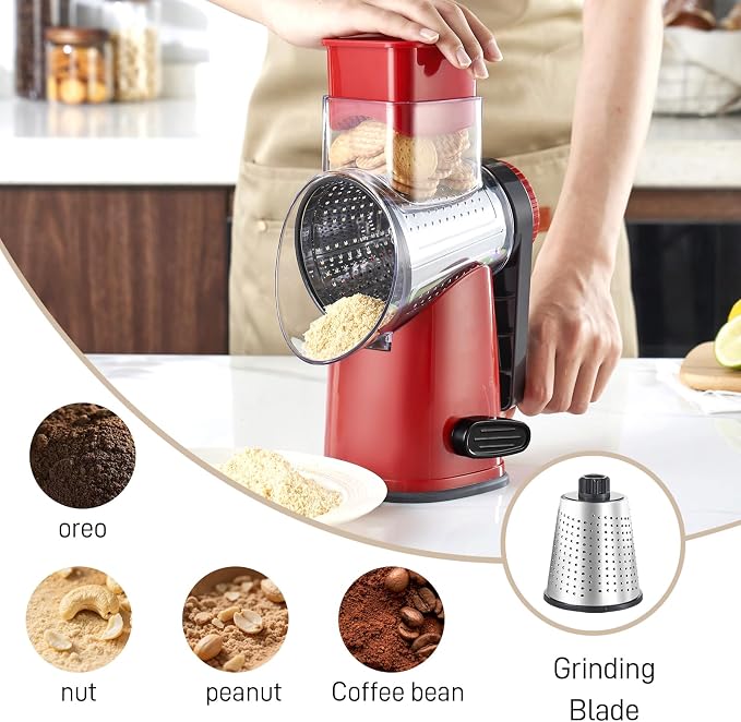 Weltonhm Rotary Cheese Graters with 4 Blades, Large Hand Crank Cheese Grater with Waffle Slicer, Red Cheese Shredder with Suction Base, Easier for Shredding & Grating (Red and black, 4 Graters)