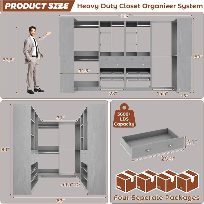 Besiost Closet System with 4 Drawers & Corner Tower, Closet Organizer System with 4 Hanging Robs, Reversible U Shaped Walk-in Closet System, Load 2600+LBS Capacity, Set of 4, Morandi Grey