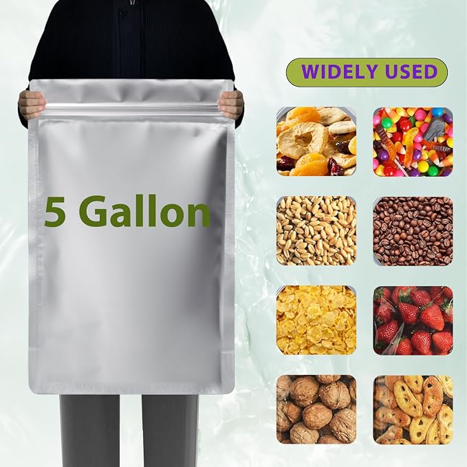 10pcs 5 Gallon Mylar Bags for Food Storage with Oxygen Absorbers and Labels | 17x27 Inch Zipper Pouches Resealable Extra Thick 10 Mil for Long Term Food Container Sets,Heat Sealable
